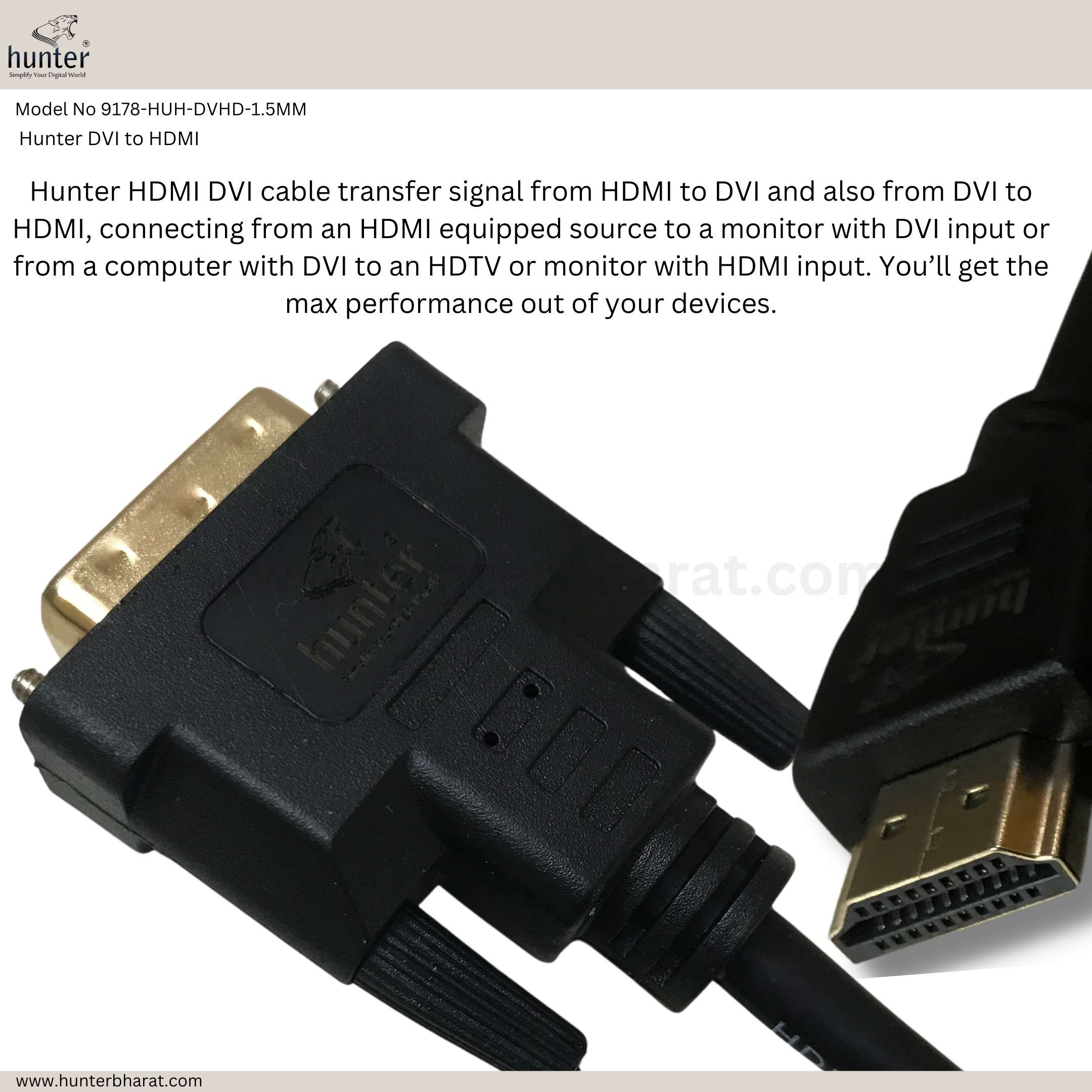 Hunter DVI to HDMI Cable - 1.5M | 24+1 DVI Male to HDMI Male | 24K Gold ...