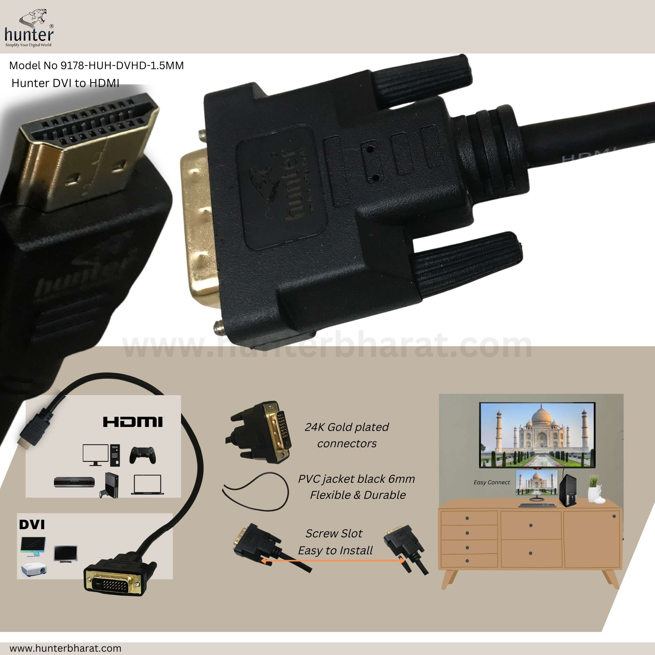 Hunter DVI to HDMI Cable - 1.5M | 24+1 DVI Male to HDMI Male | 24K Gold ...